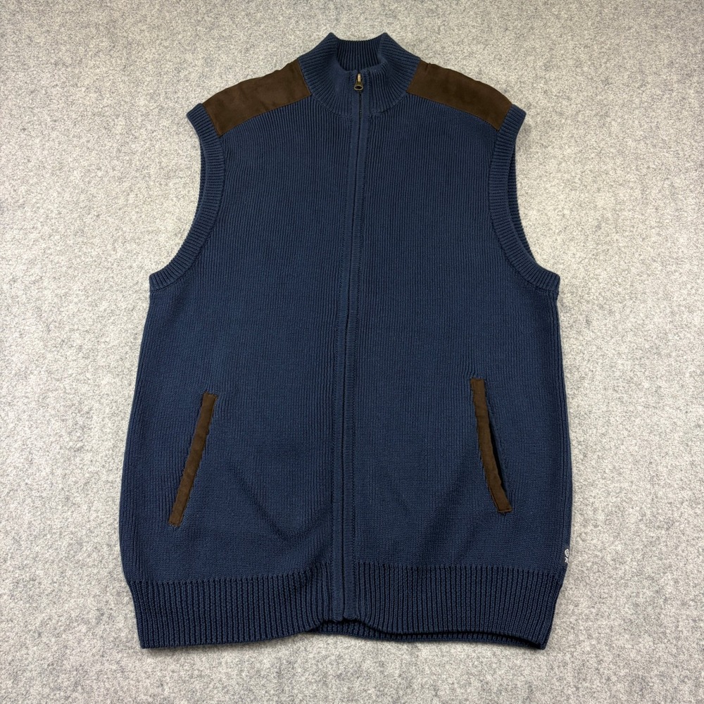 Chaps Mens Full Zip Sweater Vest Navy Blue Suede Trim Ribbed Cotton Large